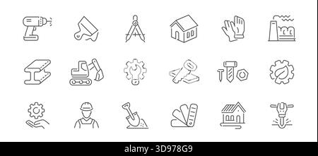 Konstruktion, Architektur, Linien-Symbole. Branchenkonzept. Reparaturarbeiten, Werksatz von Symbolen oder Schildern Stock Vektor