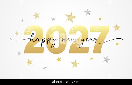 Happy New Year 2027: Goldenes Schriftbanner. Kreatives Vektordesign mit Typografie, goldenen Sternen und Zahlen 2027 Stock Vektor