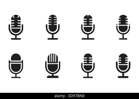 Die Sammlung der Mikrofonsymbole wird in einer Vektorgrafik in Schwarz-weiß-Optik dargestellt Stock Vektor