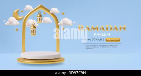 Ramadan-Hintergrund mit 3D-Podium, goldenem Mond, Sternen, Wolken und Laternen auf Blau Stock Vektor