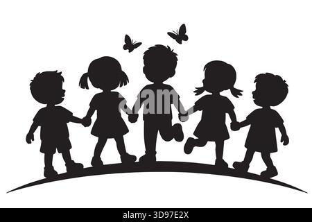 Kinder, die Hände halten Silhouette mit Schmetterlingen, die Freundschaft und Einheit symbolisieren Stock Vektor