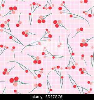 Rote Beeren auf rosa überprüften Hintergrund Vektor nahtlose Muster für Winter Designs und Feiertagsverpackungspapier Stock Vektor