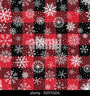 Winter und Weihnachten rot und schwarz Büffel kariert Lumberjack Schneeflocke, Schnee nahtlose Vektormuster, Feiertagshintergrund Stock Vektor