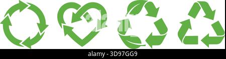 Grüner Recycling-Symbolsatz, Herzschlaufe, Blattdreieck, Kreispfeile, Öko-Symbol, Nachhaltigkeitsdesign, Vektor, isoliert, Stockillustration Stock Vektor