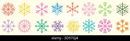 Bunte Vektor-Schneeflocken, geometrische Formen für Winter- und Weihnachtsmotive Stock Vektor