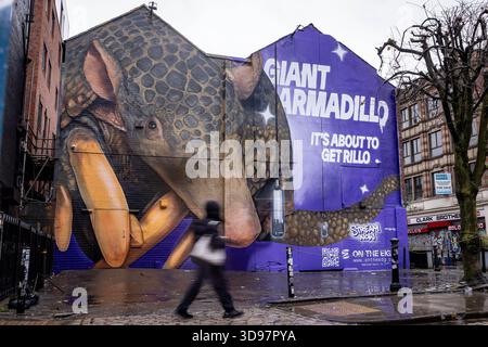Allgemeine Ansicht eines Wandbildes, das zur Feier der Veröffentlichung des neuen Titels Giant Armadillo von Bob the Drag Queen enthüllt wird, der in Zusammenarbeit mit dem gemeinnützigen Naturschutzprojekt On the Edge in Manchester entstanden ist. Bilddatum: Donnerstag, 4. Dezember 2025. Stockfoto
