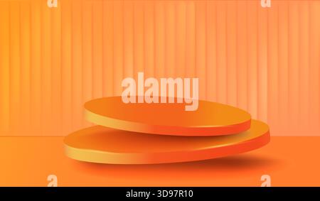 3D orangefarbenes Podium. Trendiges Showcase für Produktplatzierung. Zwei volumetrische Zylinder. Platz für Präsentationen. Werbung und Marketing. Poster oder Banner Stock Vektor