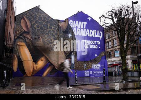 Allgemeine Ansicht eines Wandbildes, das zur Feier der Veröffentlichung des neuen Titels Giant Armadillo von Bob the Drag Queen enthüllt wird, der in Zusammenarbeit mit dem gemeinnützigen Naturschutzprojekt On the Edge in Manchester entstanden ist. Bilddatum: Donnerstag, 4. Dezember 2025. Stockfoto