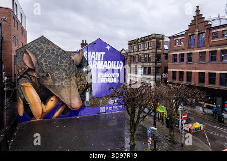 Allgemeine Ansicht eines Wandbildes, das zur Feier der Veröffentlichung des neuen Titels Giant Armadillo von Bob the Drag Queen enthüllt wird, der in Zusammenarbeit mit dem gemeinnützigen Naturschutzprojekt On the Edge in Manchester entstanden ist. Bilddatum: Donnerstag, 4. Dezember 2025. Stockfoto