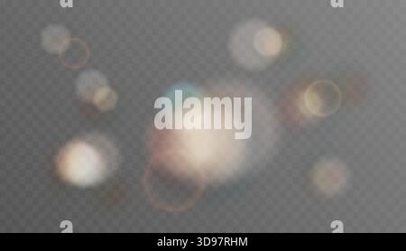 Buntes Lichtset. Blitze und Glitzer im Kopierraum. Sonnenlicht- oder Regenbogenstreuung. Kameraeffekt-Overlay. Realistische Vektorsammlung Stock Vektor