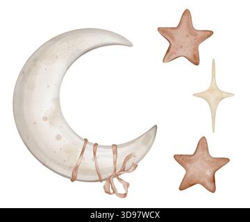 Set mit Aquarellillustrationen mit niedlichem Mond, gebunden an Band und Sternen in pastellfarbenen beigen gelben und roten Farben. Zeichnende Elemente für eine traumhafte Atmosphäre Stockfoto
