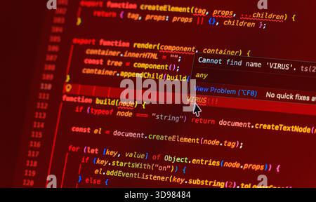 Virusnotiz auf geschriebenem Computercode in Nahaufnahme auf Monitor - weiße Buchstaben auf rotem Hintergrund - Konzept der Digitalisierung, Sicherheit und Verlauf eines p Stockfoto
