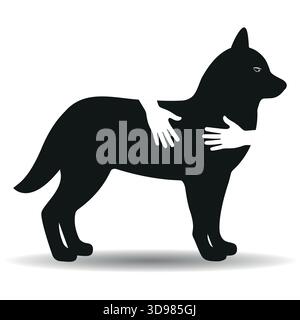 Abbildung eines schwarzen Hundes, der von den Händen eines Mannes umarmt wird, auf weißem Hintergrund Stock Vektor