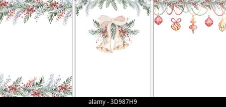 Aquarellkarte mit Baumschmuck und Girlande. Poster-Layout für Weihnachtsgrüße und Neujahrsgestaltung. Muster für Banner, Flye Stockfoto