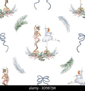 Nahtloses Aquarellmuster mit Ballerina und Spielzeugsoldat. Weihnachtsschmuck für Tapeten, Geschenkpapier und Textilien. Feiertagsabbildung für Pri Stockfoto