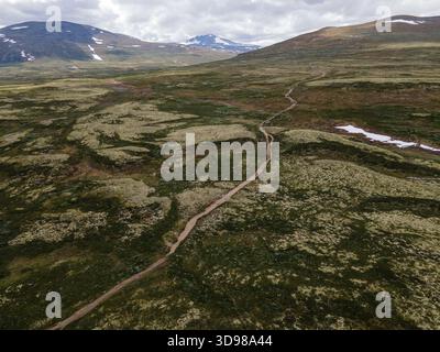 Aus der Vogelperspektive auf einen gewundenen, unbefestigten Pfad, der durch die riesige grüne und braune Tundra in Richtung entfernter, schneebedeckter Berge unter einem bewölkten Himmel führt, Dovre, in Stockfoto