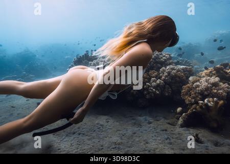 Attraktive Frau schwimmt unter Wasser in der Nähe von Korallenriffen im blauen Ozean Stockfoto