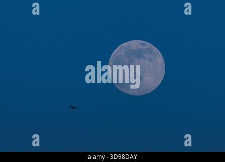 Peking, Chinas Provinz Zhejiang. Dezember 2025. Ein Vollmond wird mit einem Flugzeug in Wenzhou, der ostchinesischen Provinz Zhejiang, am 4. Dezember 2025 dargestellt. Der zweitgrößte Vollmond in diesem Jahr für die Augen von Mondbeobachtern wird am Freitagmorgen erscheinen, aber die beste Aussichtszeit fällt am Donnerstagabend. Quelle: Su Qiaojiang/Xinhua/Alamy Live News Stockfoto