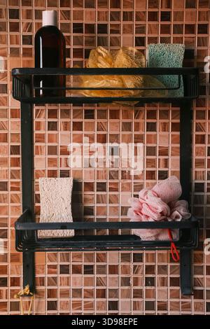 Saubere und moderne Duschkabine mit verschiedenen Toilettenartikeln und Badartikeln. Modellschablonen im Badezimmer zu Hause. Stockfoto