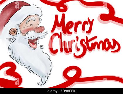 Niedliche Grußkarte mit lachenden Weihnachtsmännern mit einem „Merry Christmas“-Schriftzug und roten Bändern für die Weihnachtsfeiertage. Digitales Illustrationsdesign Stockfoto