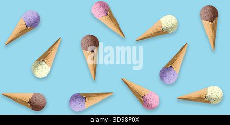 Waffelkegel mit Lila-, Rosa-, Gelb- und Schokoladeneis auf hellblauem Hintergrund schaffen ein süßes, farbenfrohes und Playfu Stockfoto
