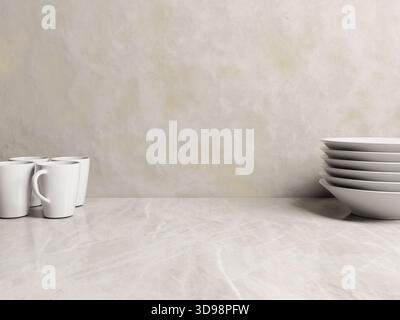 3D-Render leerer Marmor-Arbeitsplatte mit Geschirr, minimalistisches Küchenmodell mit Geschirr und Bechern Stockfoto