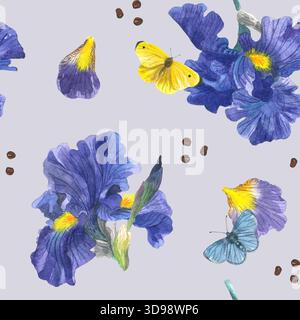 Nahtloses Muster mit Illustrationen von Irisblumen, Blütenblättern, Knospen und Schmetterlingen auf blauem Hintergrund. Handgezeichnet in Aquarell. Stockfoto
