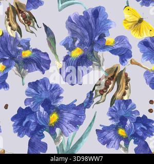 Nahtloses Blumenmuster mit Irisblumen, Blütenblättern, Schoten, Knospen und Schmetterlingen auf blauem Hintergrund. Handgezeichnet mit Aquarellen. Stockfoto