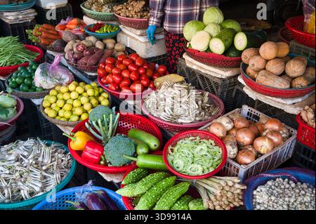 Ein lebendiges Sortiment an frischem Gemüse wird in Körben auf einem Freiluftmarkt ausgestellt. Stockfoto
