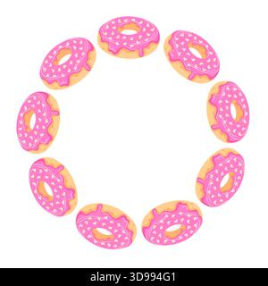 Rosafarbener Donut mit herzförmigem Streuselkranz in flachem Stil. Köstliches und dekoratives Dessert zum Valentinstag, romantischer Urlaub und süß Stock Vektor