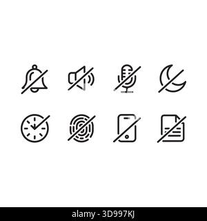 Sammlung von acht wichtigen Symbolen für die digitale Schnittstelle, einschließlich Mikrofon für die Lautstärke der Benachrichtigungsglocke, Mond-Uhr, Fingerabdrucktelefon und Dokument Stock Vektor