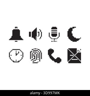 Sammlung von acht wichtigen Symbolen für die digitale Schnittstelle, einschließlich Mikrofon für die Lautstärke der Benachrichtigungsglocke, Mond-Uhr, Fingerabdrucktelefon und Dokument Stock Vektor