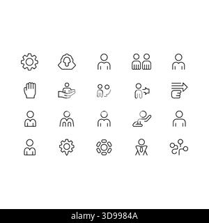 Eine Sammlung minimalistischer geometrischer und abstrakter Linien-Art-Ikonen, die verschiedene Konzepte repräsentieren Stock Vektor
