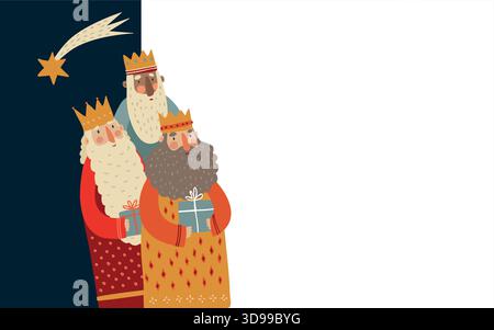 Drei Weisen Weihnachten mit Geschenken. Der fallende Stern von Bethlehem. Epiphany Three Kings Day, biblische Krippenkunst für saisonale Weihnachtsgarden. Religiös Stock Vektor