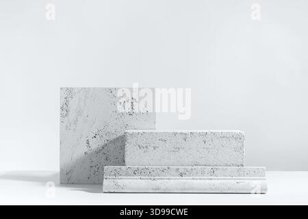 Abstraktes modernes Stillleben. Natürliche Materialien. Die Zusammensetzung von Travertin- und Betonblöcken. Farbe des Jahres 2026 Stockfoto