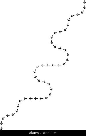 Geschwungener, gepunkteter Pfeil, der eine lange Route mit ausgedehntem gekrümmtem Richtungsfluss verfolgt. Stock Vektor