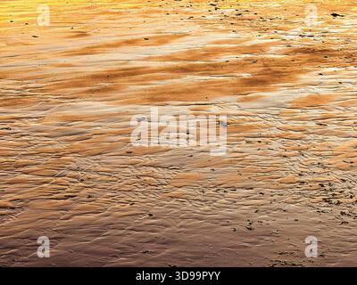 Sandstrand bei Ebbe mit Sonnenuntergang auf nassem Sand. Keine Personen. Kopierbereich. Stockfoto