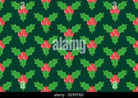 Nahtloses festliches Muster mit stechpalmenblättern und roten Beeren auf tiefgrünem Hintergrund. Klassischer Weihnachtslook. Für Geschenkpapier für Feiertage, saisonale Textilien, Grußkarten und Motive mit Wintermotiven Stock Vektor