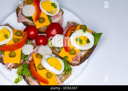 Gesunde Sandwiches aus Vollkornbrot mit Ei, Gurken, Tomaten und Schnittlauch auf einem weißen Teller. Der Teller mit den Sandwiches wird platziert Stockfoto