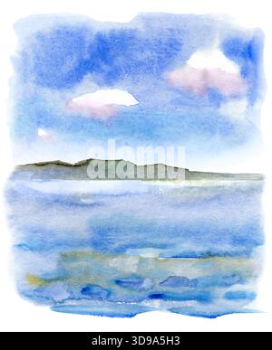Aquarelllandschaft mit ruhigem blauem See, fernen grünen Hügeln und weichen Wolken am Himmel. Friedliche nordische Landschaft inspiriert von finnischer Natur. Sanft Stockfoto