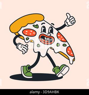 Groovige Pizzaschnitzel-Figur im Retro-Stil. Verspielte Pizzen mit schmelzendem Käse, Peperoni-Toppings und ausdrucksstarkem Gesicht. Großartig Stock Vektor