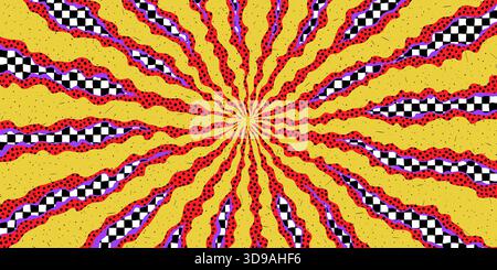 Sunburst Hintergrund mit karierten und gepunkteten groovigen Strahlen in Gelb, Rot, Schwarz und Lila. Psychedelisches Punkmuster mit dynamischer Radialbewegung Stock Vektor
