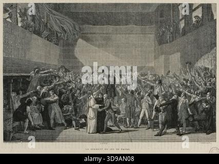 Französische Revolution: Der Tennishofschwur, heute Jeu de Paume, 1 rue du Jeu de Paume, Versailles, für die Verfassung der Nationalversammlung, 20. Juni 1789. David, Jacques-Louis, Autor des Modells, Pannemaker oder Pennemaker, Adolphe Francois, Graveur, La Charlerie, Hippolyte de, Zeichner, zwischen 1790 und 1791, Druck, Grafik, Französische Revolution, Druck, Abmessungen – Bildmaterial: Höhe: 22,1 cm, Breite: 26,7 cm, Abmessungen – Museumsaufnahme: Höhe: 32,4 cm, Breite: 50 Stockfoto