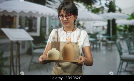 Frau mit Schürze, die mit beiden Händen ein Holztablett aus Töpfervasen hält, grimmig, auf der Terrasse des Straßencafés; unangenehmes Unbehagen. Stockfoto