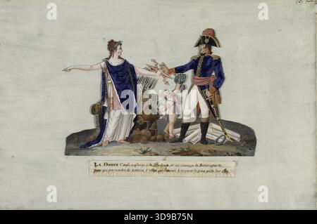 Allegorie von Frankreich und Napoleon Bonaparte, erster Konsul, von Jean-Baptiste Lesueur, Zeichner, Zeichnung, Grafik, Zeichnung, Abmessungen - Bildmaterial: Höhe: 36 cm, Breite: 53,5 cm, Abmessungen - Befestigung: Höhe: 50 cm, Breite: 65 Stockfoto