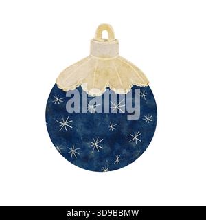 Blauer, strukturierter Weihnachtsbaumkugel mit Schneeflocken, Weihnachtsschmuck isoliert auf weiß. Aquarell perfekt zum Einpacken von Papier, Karten und Neujahr Stockfoto