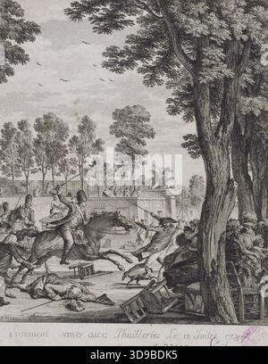 Prinz Lambesc an der Spitze des Königlich-Deutschen Regiments im Tuileriengarten, ein alter Mann erschossen, Bürger auf der Flucht, ein Ereignis der Französischen Revolution, 12. Juli 1789. Das heutige 1. Arrondissement. Frontispion der Memoiren der Revolution. Moreau, Jean-Michel (bekannt als Moreau der Jüngere), Zeichner, Moreau, Jean-Michel (bekannt als Moreau der Jüngere), Gravierer, zwischen 1789 und 1790, Druck, Grafik, Französische Revolution, Druck, Abmessungen – Bildmaterial: Höhe: 18,9 cm, Breite: 14,5 cm, Abmessungen – Befestigung: Höhe: 50 cm, Breite: 32,5 Stockfoto