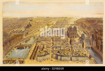Paris und seine Arrondissements (sic) / 9. Arrondissement. / Blick über dem Palais de Justice, Muller, Georges, Zeichner und Lithograph, Chaperon, Eugène, Zeichner, Thierry Frères, Drucker-Lithograph, Avanzo, Séb., Verleger, Druck, Grafik, Druck, Lithografie, Farbmarkierungen, Farbig, Weißmarkierungen, Aquarell, Gouache, Abmessungen - Bildmaterial: Höhe: 40 cm, Breite: 55,2 cm, Abmessungen - Befestigung: Höhe: 49 cm, Breite: 65 Stockfoto
