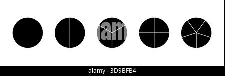 Kreisteilung auf 1, 2, 3, 4, 5 gleichen Teilen. Schwarzes Rad, runde, geteilte Diagramme von einem bis fünf Segmenten. Set mit minimalistischen Symbolen in schwarzer Infografik Stock Vektor