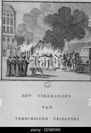 Eine fantasievolle niederländische Darstellung der Massaker vom 2. Bis 6. September 1792. Ein Scheiterhaufen für die ermordeten Priester. Französische Revolution. Holland, School of (Dutch School), Engraver, Holland, School of (Dutch School), Engraver, ca. 1772-1812, Print, Graphic Arts, French Revolution, Druck, Abmessungen - Bildmaterial: Höhe: 22,9 cm, Breite: 13,9 cm, Abmessungen - Alte Halterung: Höhe: 50 cm, Breite: 32,5 Stockfoto